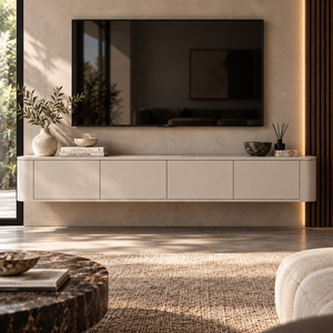 Japandi Floating <b>TV</b> Stand Curved <b>Wall</b> <b>Mounted</b> Media Console Beige Modern Wood Storage <b>Cabinet</b> Scandinavian Living Home Furniture - Product Image 1