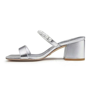 Women's Pearls Double Straps Sandals Open Square Toe on <b>Shoes</b> Low Chunky Heels Silver Slides Dress Mules - Product Image 3