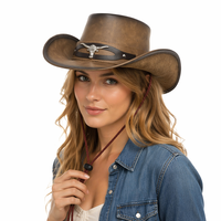 Chapeau de cowboy western en cuir vieilli de haute qualité, chapeau de cowboy à bord incurvé surdimensionné avec emblème de taureau Longhorn et cordon coupe-vent