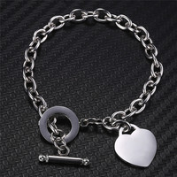 Bracelet d'identification avec pendentif cœur, chaîne à maillons en acier inoxydable, fermoir à bascule, bijoux romantiques pour femmes