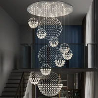 Lustre suspendu sur mesure à double hauteur avec boule de cristal, lumière blanc chaud, télécommande, pour escalier, villa, hall d'entrée
