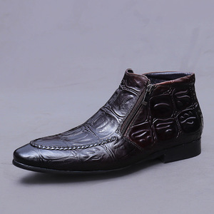 Botas de cuero con estampado británico para hombre, calzado formal de negocios, punta puntiaguda de cuero genuino, cremalleras dobles, zapatos de hombre de caña alta - Product Image 5