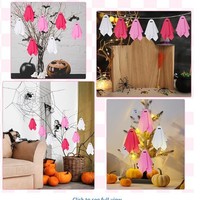 Set Hiasan Hantu dan Labu Gantung 16 Buah Warna Pink Putih untuk Dekorasi Pesta di Halaman