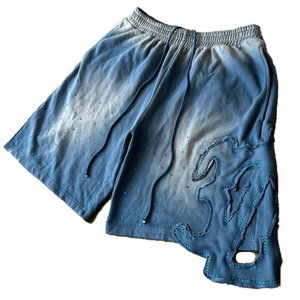 Bán Buôn OEM Mặt Trời Faded Axit Rửa Quần <span class=keywords><strong>Short</strong></span> Người Đàn Ông Hip Hop Thời Trang Dạo Phố Mồ Hôi Quần <span class=keywords><strong>Short</strong></span> Nặng Thêu Các Bản Vá Lỗi Rhinestone Quần <span class=keywords><strong>Short</strong></span> - Product Image 2