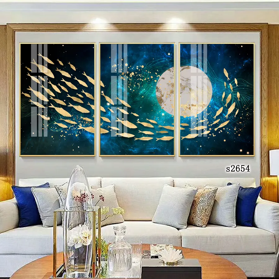 Oturma odası Modern dekoratif hayvan boyama triptik balık resmi duvar HD baskılı tuval duvar kristal porselen boyama
