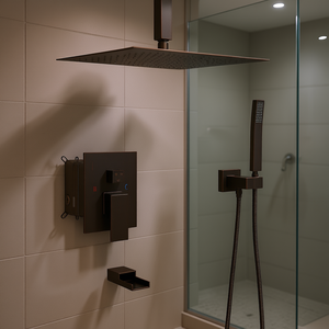 Système de douche carré en bronze avec bec cascade à montage au plafond, vanne de raccordement et accessoires pour salle de bain - Product Image 2