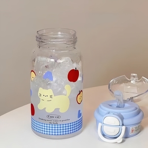 Sevimli Karikatürlü Plastik Pipetli Su Şişesi, Çift İçimli Büyük Kapasiteli Taşınabilir Bardak, Kız Öğrenciler İçin Açık Hava Kullanımı - Product Image 2