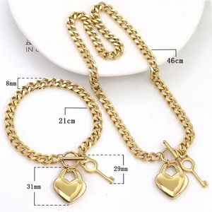 Cadena para hombre tono dorado doble Curb Cuban Link <span class=keywords><strong>Rombo</strong></span> Boys 316L Acero inoxidable llave corazón collar pulsera - Product Image 2