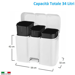 Waste <b>Bin</b> 3 Compartments 34 Litres Pedal <b>Lid</b> For Waste Separation - Product Image 2