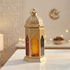 2026 Ramadan Decorative Hot Selling Classic <b>Gold</b> Iron Moroccan Candle Holder <b>Lantern</b> with Colorful Glass - Product Image 1
