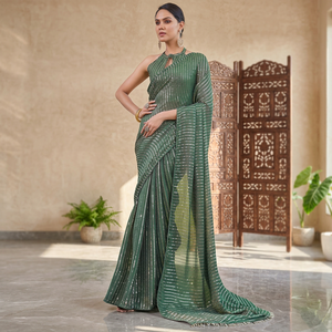 Vestido de Trabajo Recto de Satén Verde Polvoriento con Cuentas - Elegante Saree con Lentejuelas y Cristales para Mujer - Product Image 2