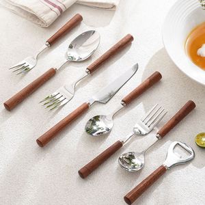 Stainless Steel Wood Handle Tableware Western Restaurant Spoon Steak Knife Round Handle Dinner Fork Cutlery Set - Product Image 1