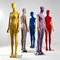 Mannequin féminin en fibre de verre recouvert de tissu en daim, avec bras articulés mobiles et support, pour la présentation de vêtements en vitrine