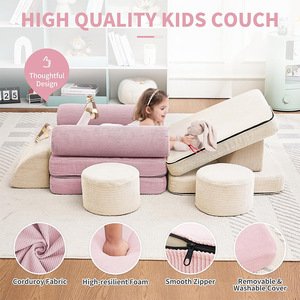 Canapé pour enfants de haute qualité en tissu corduroy, mousse haute résilience, housse amovible et lavable, ensemble de canapé modulable 14 pièces - Product Image 1