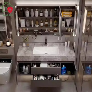 ตู้กระจกส่องสว่าง MDF ทันสมัยมีลวดลายหินอ่อนวางบนเคาน์เตอร์ที่กว้างขวางลิ้นชักจัดระเบียบกระจกอัจฉริยะแบบบูรณาการ - Product Image 6