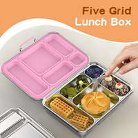 Boîte à lunch bento pour enfants en acier inoxydable 304, légère, étanche, à 5 compartiments, qualité alimentaire, simple couche, fournie directement par l'usine