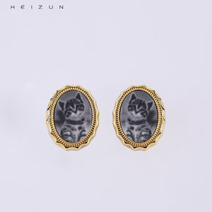 Heizun usine mignon Original noir <span class=keywords><strong>Agate</strong></span> <span class=keywords><strong>camée</strong></span> 3D Relief sculpture S925 argent plaqué or boucles d'oreilles pour femmes mariages chinois - Product Image 3