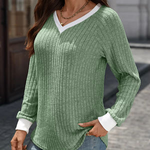 <b>Summer</b> New Arrival Casual Solid V-Neck Oversized <b>Long</b>-Sleeve Breathable Brushed Ribbed Sweater T-Shirt <b>Top</b> - Product Image 1
