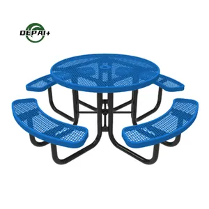 Modern Design Blue Color Garden Metal School Picnic Tables With Benches