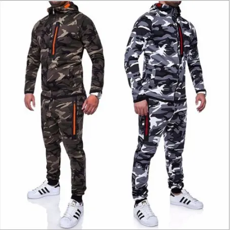 Logo personnalisé hommes Jogger survêtement décontracté Camouflage mode vêtements de sport hommes tenues 2 pièces ensemble fermeture éclair sweat ensemble