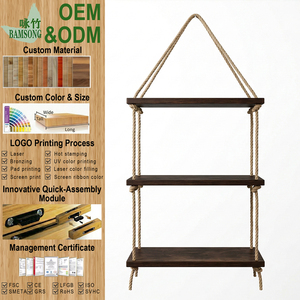 Étagère murale suspendue en <span class=keywords><strong>corde</strong></span> de bambou naturel à 3 niveaux, style rustique, <span class=keywords><strong>bois</strong></span> foncé, pour salon et salle de bain - Product Image 1