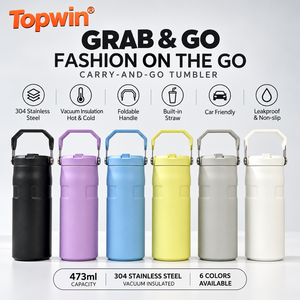 304 Stainless Steel Vacuum Insulated <b>Tumbler</b> 473ml Leakproof Travel Mug Foldable <b>Handle</b> Built in <b>Straw</b> Car Friendly - Product Image 1