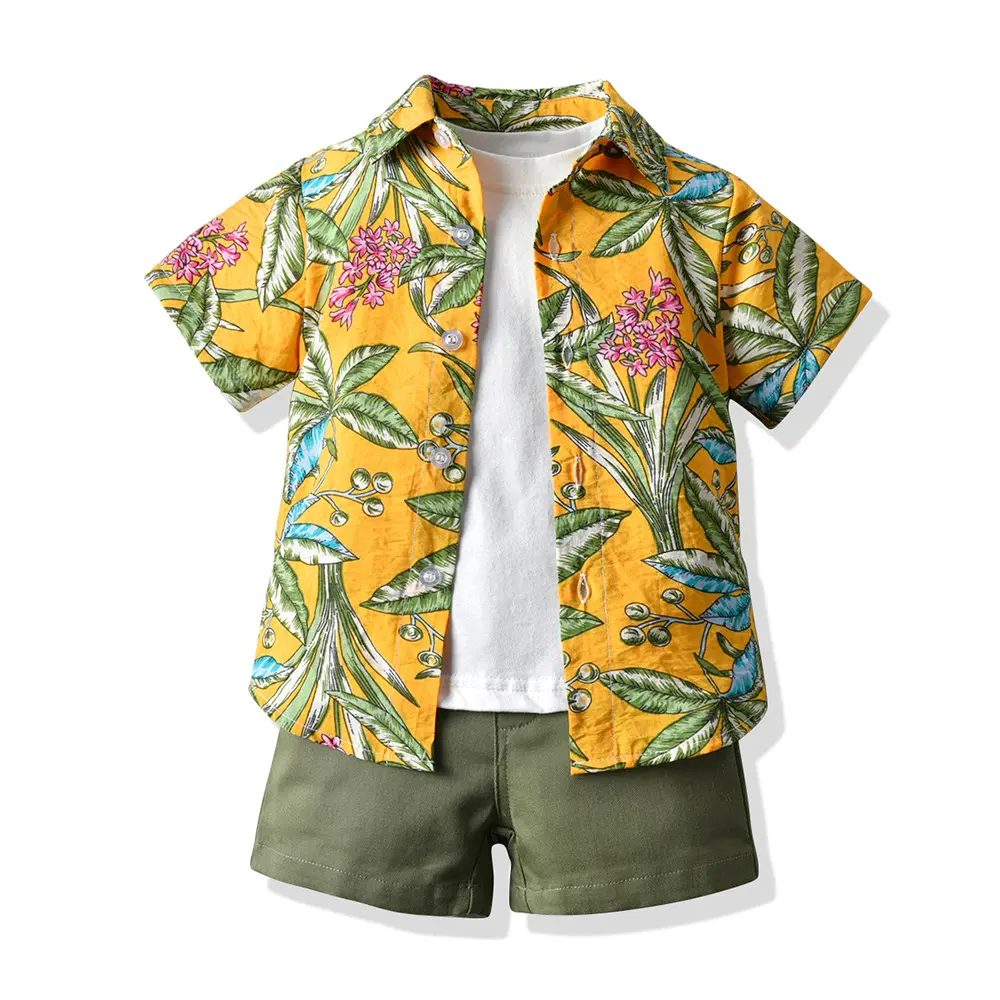 Hawaiian Style Kids Boys Casual Outfit Short Sleeve Cotton T Shirt+Printed Shirt+Short Children 3Pcs Suits for Beach