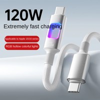 Cable de Datos Tipo C a Tipo C con Malla de Nailon Brillante LED RGB de 120W y Carga Rápida para iPhone