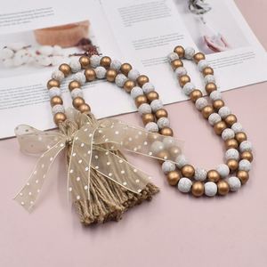 Natural <b>Wooden</b> Fairy <b>Bead</b> <b>Garland</b> with Lace Bow Farmhouse Style Home Wall and Vase Decoration for Home Decor - Product Image 2