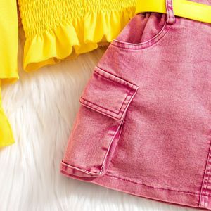 Vêtements pour filles de 4 à 7 ans, t-shirt à manches longues à col volanté surdimensionné, jupe en jean, ensemble de 2 pièces, vêtements pour enfants, vêtements pour filles - Product Image 4