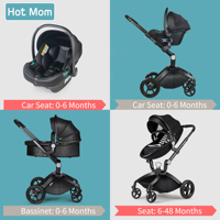 Poussette de luxe 3-en-1 Hot Mom avec châssis en alliage d'aluminium, roues pivotantes à 360° et pliage facile pour nouveau-nés - F023