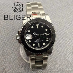 BLIGER gaucher NH34A automatique mécanique hommes montre 40mm boîtier lumineux verre saphir bracelet en acier inoxydable 9 heures corbeau - Product Image 4
