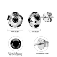Meilleures ventes : Boucles d'oreilles clous de football en argent 925 avec moissanite noire de 3 mm, bijoux de mode sportive hip-hop mignons pour femmes