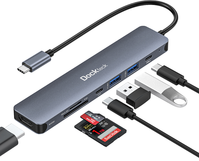 Dockteck Aluminum 7 in 1 USB C Docking Station Multiport Hub 4K HDMI 100W PD Charging for MacBook Laptop Tablet