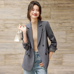 Women's Blazer Off White Solid Color Polyester Fabric Double Breasted Lapel Pocket Spring Autumn Wear - Product Image 3