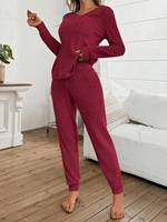 Ensemble décontracté 2 pièces en molleton côtelé à col en V pour femme, motif uni, confortable, pour la détente et le sommeil