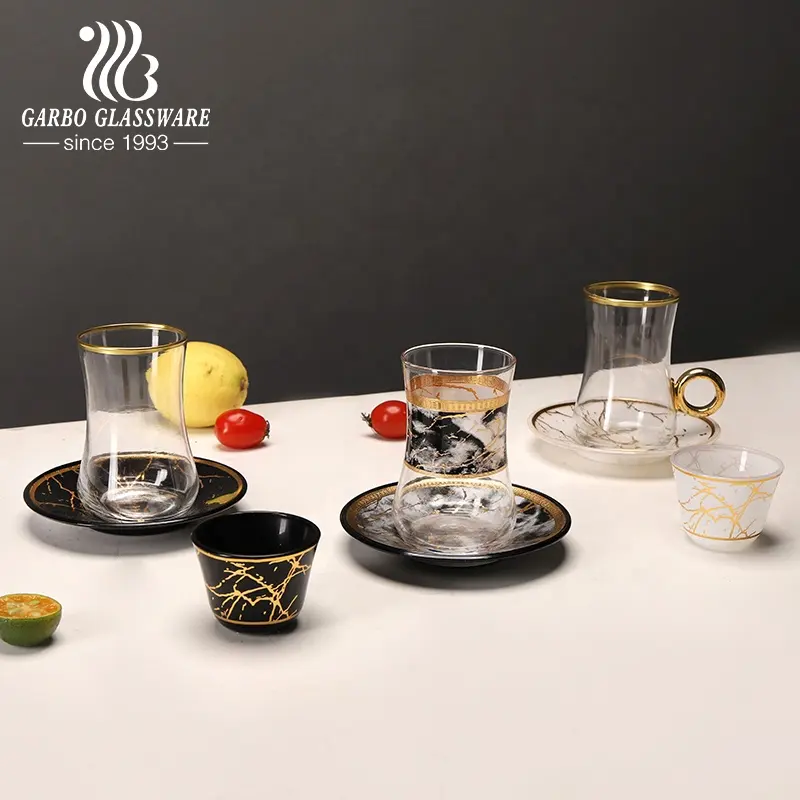 Juego de tazas de café y platillo estilo turco, árabe, Oriente Medio, diseño de impresión de mármol, borde dorado, mini tazas de té de vidrio, 12 Uds.
