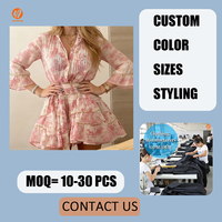 Robe tendance pour femme 6148TS-FGC, style vintage américain, taille empire, col en V court, manches à volants, motif floral, en polyester