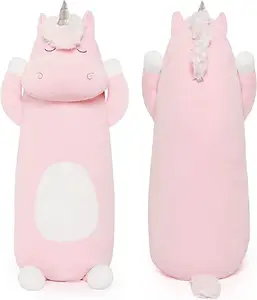 Almohada de cuerpo largo de unicornio de peluche rosa y azul personalizada, almohada de peluche de unicornio de tamaño largo suave para niños