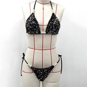 Bikini Estivo da Donna Blu Rosa con Paillettes Scintillanti e Perle, Set 2 Pezzi, Costume da Bagno - Product Image 3