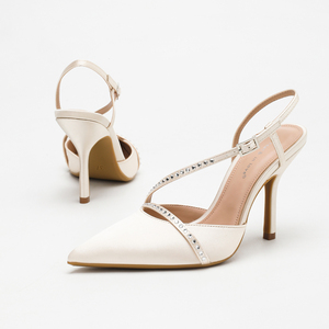 Vente en gros de chaussures à talons aiguilles personnalisées en satin avec bout pointu et bride à la cheville pour femmes - Product Image 3