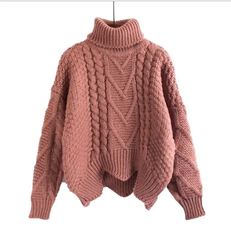 Winter thick short turn down collar sweetly lady woolen cable knitted woman sweater