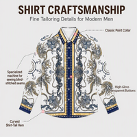 Chemise habillée à manches longues pour homme en tissu tissé de qualité supérieure, imprimé baroque bleu et blanc doré de luxe pour les occasions formelles