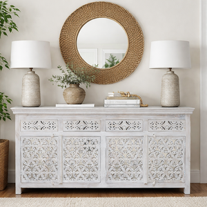 ตู้ไซด์บอร์ดไม้แกะสลักด้วยมือ – ตู้บุฟเฟ่ต์ 4 บาน 4 ลิ้นชัก สีขาววอช – ตู้เก็บของสไตล์ชาบี้ชิค ลายฉลุแบบจาลี - Product Image 1
