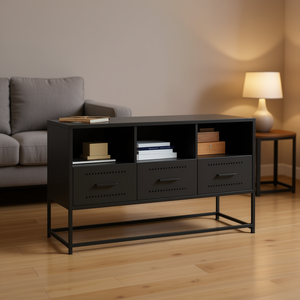 Meuble TV rectangulaire en acier noir, 3 tiroirs, 3 étagères, style industriel moderne, meuble de rangement pour salon - Product Image 2