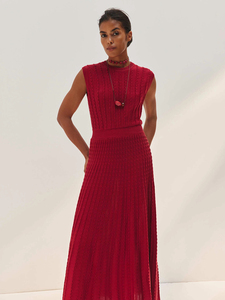 Robe décontractée unie en viscose, nouvelle collection Printemps-Été 2026, col rond, sans manches, tricotée texturée, mi-longue plissée - Product Image 5