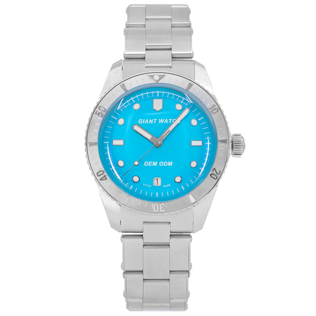 OEM Logo High Quality Divers Watch 38mm Sixty-Five Series with Luminous Blue Dial and Water-Resistant Stainless Steel Bracelet
