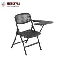 Chaise d'école moderne pliable en plastique PP noir avec dossier en maille ventilée, tablette d'écriture, panier à livres et pieds en acier pour chambre à coucher - Vente en gros