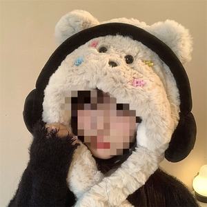 Sevimli 2 in 1 kış sıcak kedi kulak bere şapka eşarp boyun isıtıcı bulanık kabarık kürklü kürk şapka kadın kızlar şapka ve eşarp Set - Product Image 4