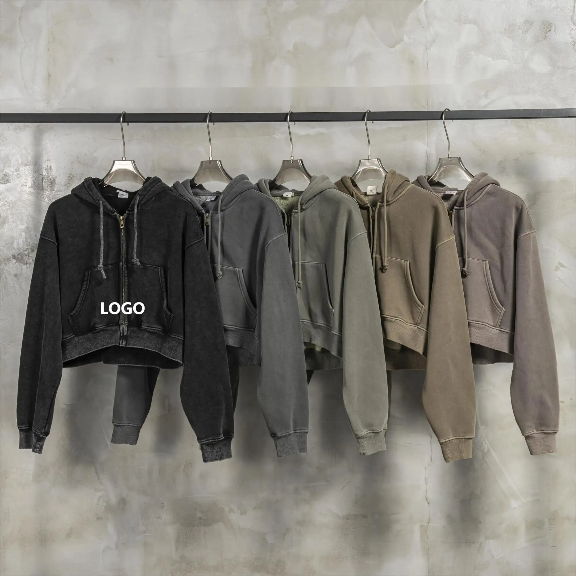 Hoodie Supplier Custom Vintage Fleece Cropped Hoodie Sweatshirt Zip Up Tracksuit Cotton Acid Washed Hoodie For Women